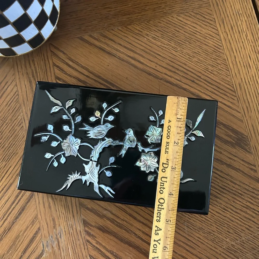 Vintage Asian Black Lacquer Inlay Mother of Pearl Bird Scene Jewelry Box